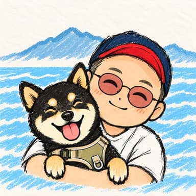 Crayon portrait of Eric hugging his Shiba Inu